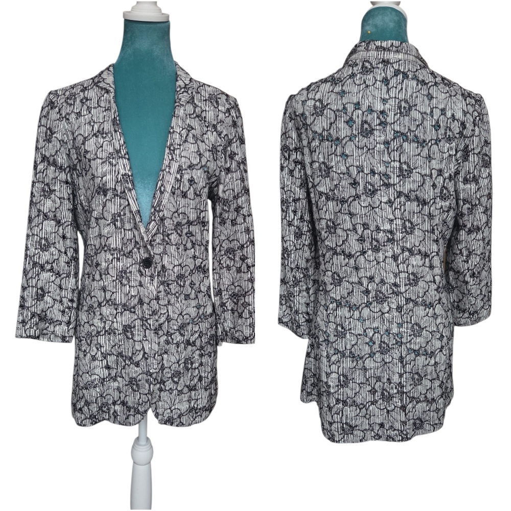 Alberto Makali New York Black and White Floral Embroidered Eyelet Linen Blazer